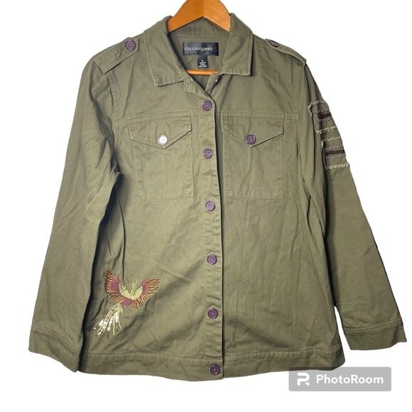 Colleen Lopez Phoenix Embroidered Birds Military Green Woman's Jacket Size M - Picture 3 of 15